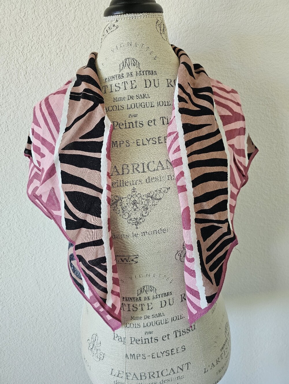 Vintage Oscar de la Renta Pink Tan Zebra Tiger Animal Print Square Scarf 30x32